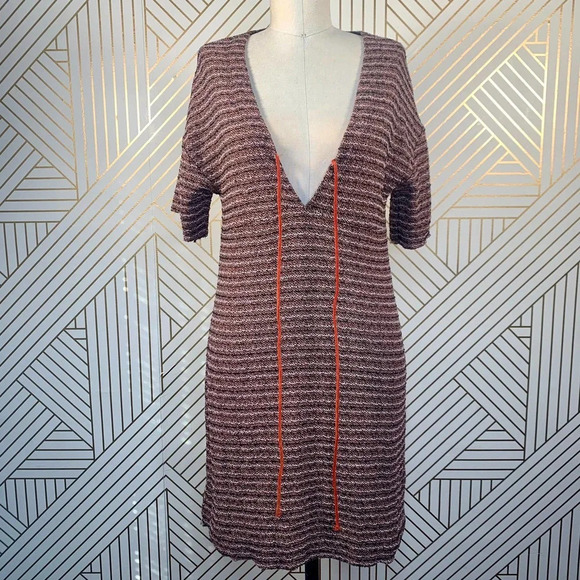 Zara Tweed Pink Orange Stripe Tie Neck Short Sleeve Mini Dress Size Small - Picture 2 of 11